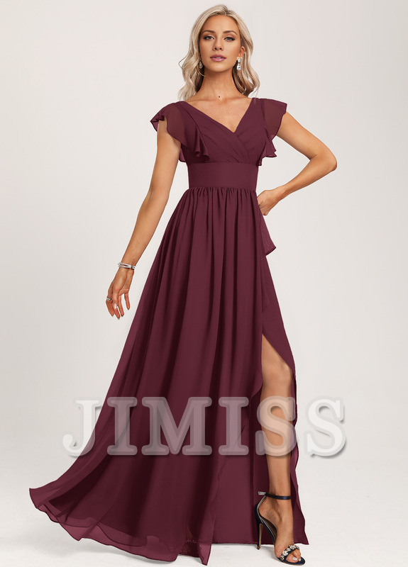 Ruffled A-line V-neck Floor-length Chiffon Bridesmaids Dress