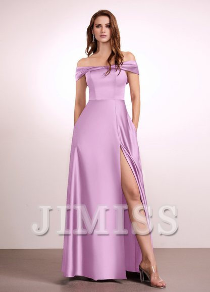 A-Line Off-The-Shoulder Floor-Length Satin Bridesmaids Dress