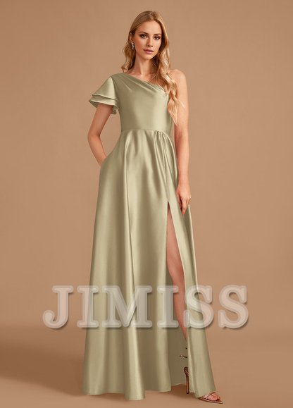 A-line one-shoulder floor-length satin bridesmaid dress
