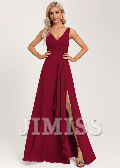 Ruffled A-line V-neck Floor-length Chiffon Bridesmaids Dress