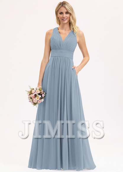 Bow Ruffle A-Line V-Neck Floor Length Chiffon Bridesmaids Dress