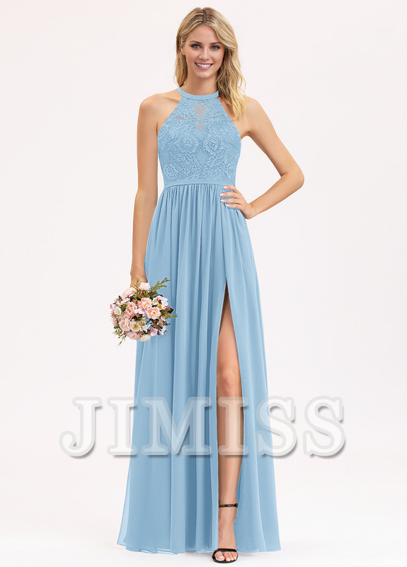 A-line Scoop Neck Floor Length Lace Chiffon Bridesmaids Dress