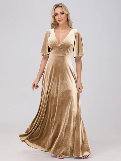 A-line V-neck short sleeved velvet and floor length bridesmaid dress