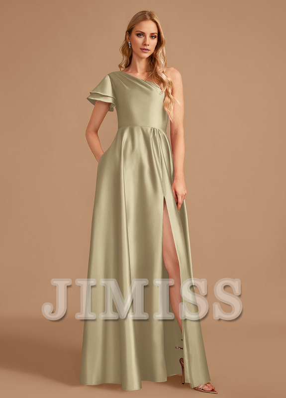 A-line one-shoulder floor-length satin bridesmaid dress