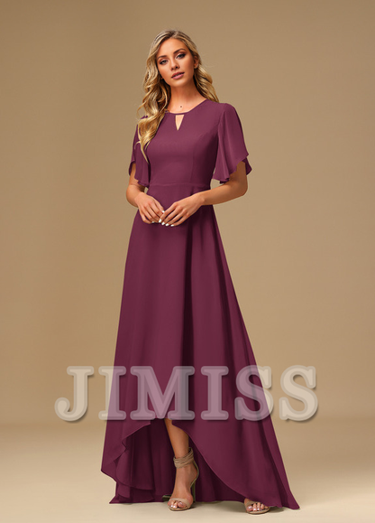 Ruffled A-line Boat Neck Asymmetric Chiffon Bridesmaids Dress
