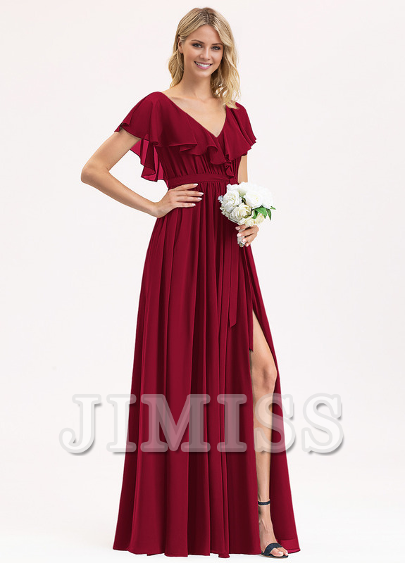 A-line V-neck floor-length chiffon bow tiered ruffle bridesmaid dress