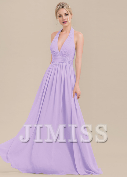 Ruffled A-Line Halter Neck Floor Length Chiffon Bridesmaids Dress