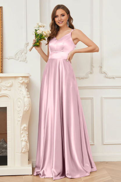 Thin shoulder strap V-neck soft satin and floor length bridesmaid dress