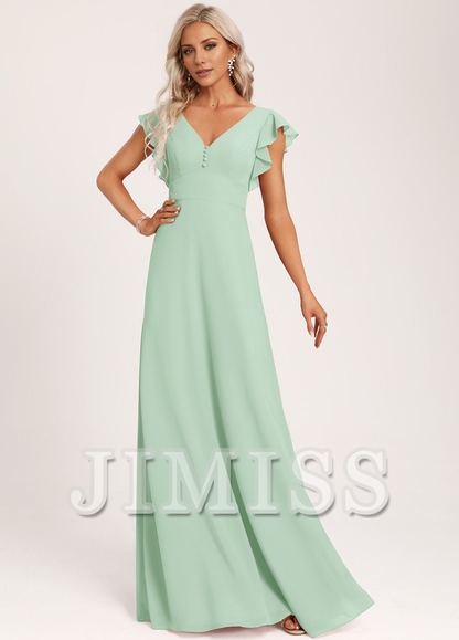 Ruffled A-line V-neck Floor-length Chiffon Bridesmaids Dress