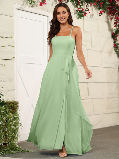 Beautiful chiffon thin shoulder strap and floor length bridesmaid dress