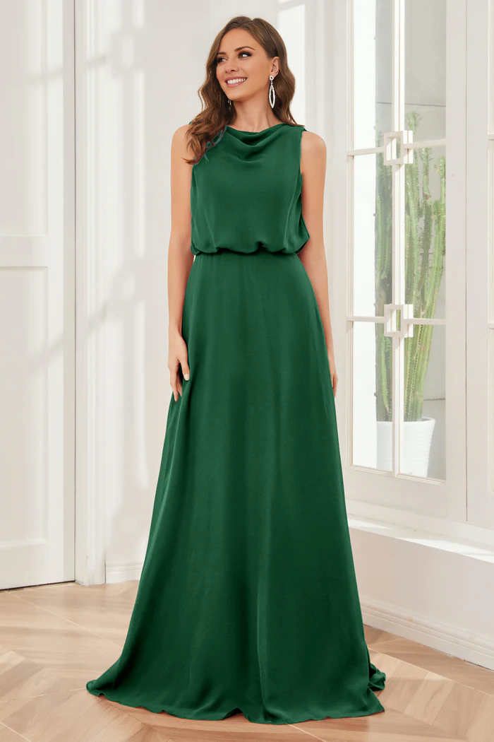 Pillar style wind neck sleeveless chiffon and floor length bridesmaid dress