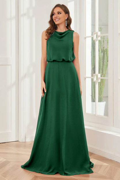Pillar style wind neck sleeveless chiffon and floor length bridesmaid dress