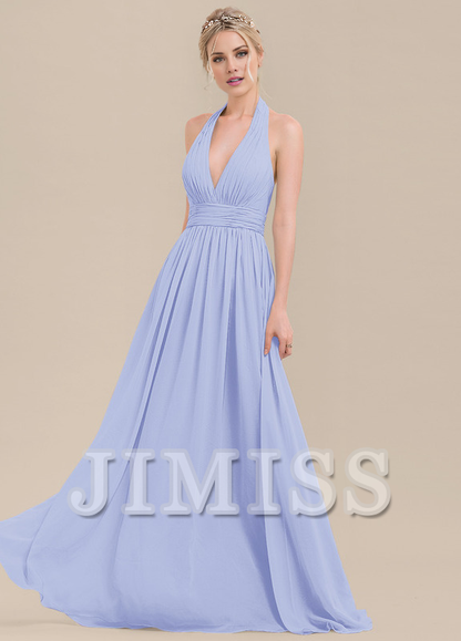 Ruffled A-Line Halter Neck Floor Length Chiffon Bridesmaids Dress
