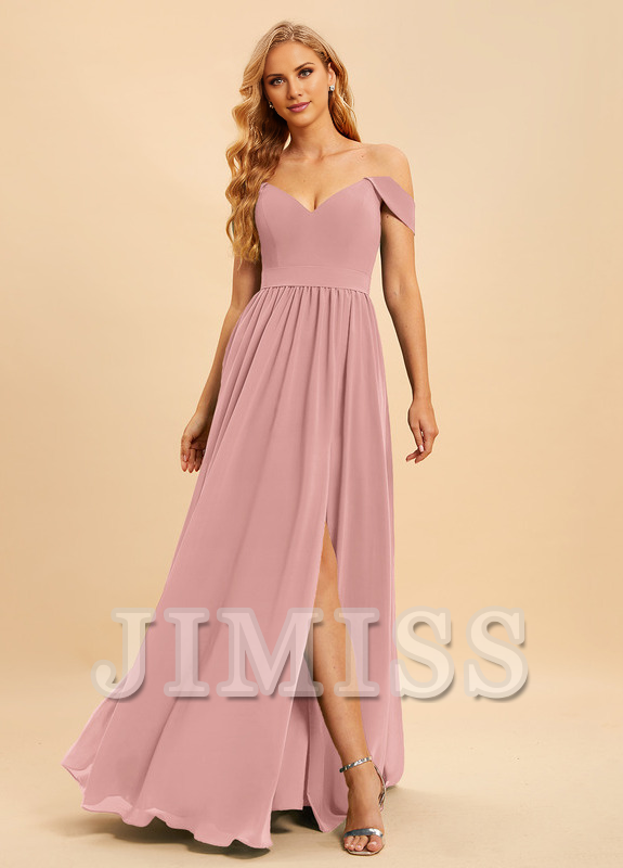 A-line off-the-shoulder floor-length chiffon bridesmaid dress