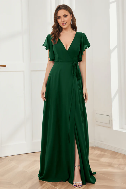 V-neck ruffled sleeve chiffon slit and floor length bridesmaid dress