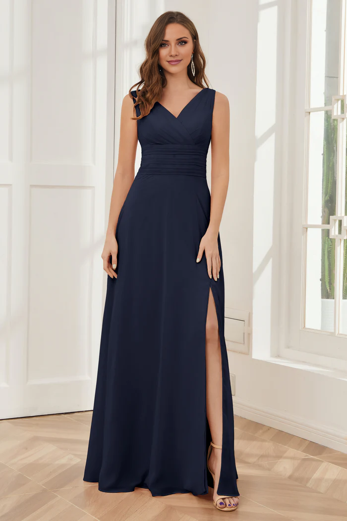 V-neck sleeveless chiffon side slit and floor length bridesmaid dress