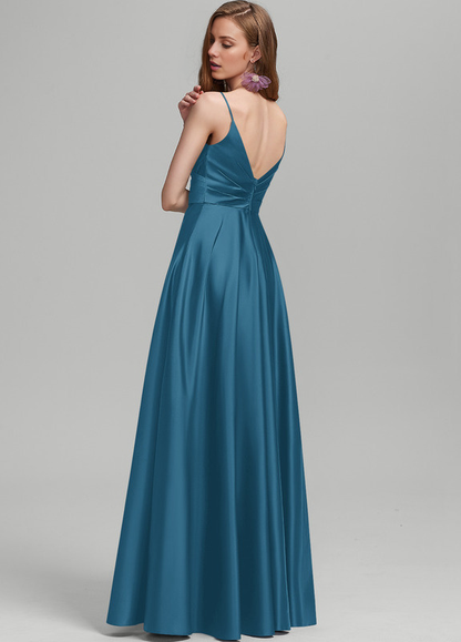 Ruffled A-line V-neck Floor-length Satin Bridesmaids Dress