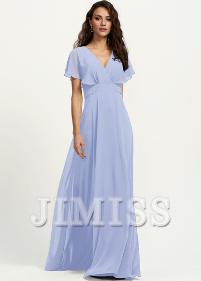 A-line V-neck floor-length chiffon bridesmaid dress