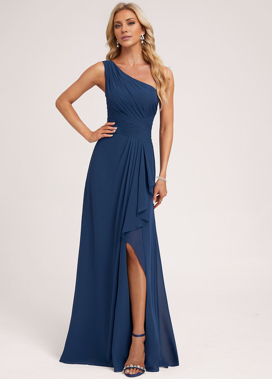 Ruffled A-line One Shoulder Floor Length Chiffon Bridesmaid Dress