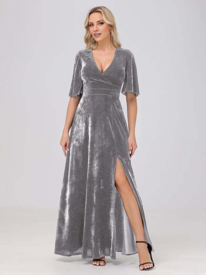 A-line V-neck short sleeved slit velvet and floor length bridesmaid dress