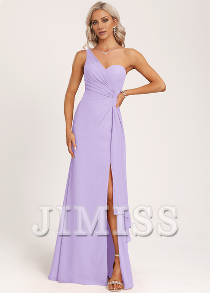 Ruffled A-line One Shoulder Floor Length Chiffon Bridesmaid Dress