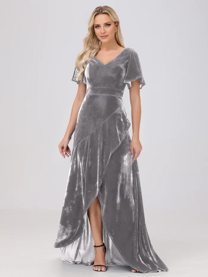 V-neck short sleeved ruffled velvet and floor length bridesmaid dress