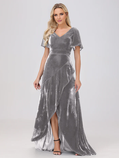 V-neck short sleeved ruffled velvet and floor length bridesmaid dress