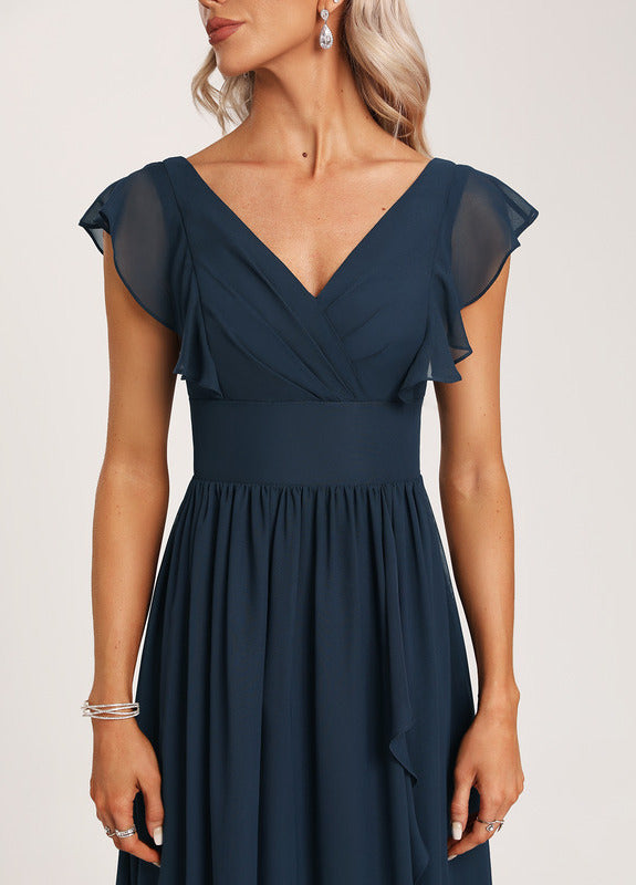Ruffled A-line V-neck Floor-length Chiffon Bridesmaids Dress