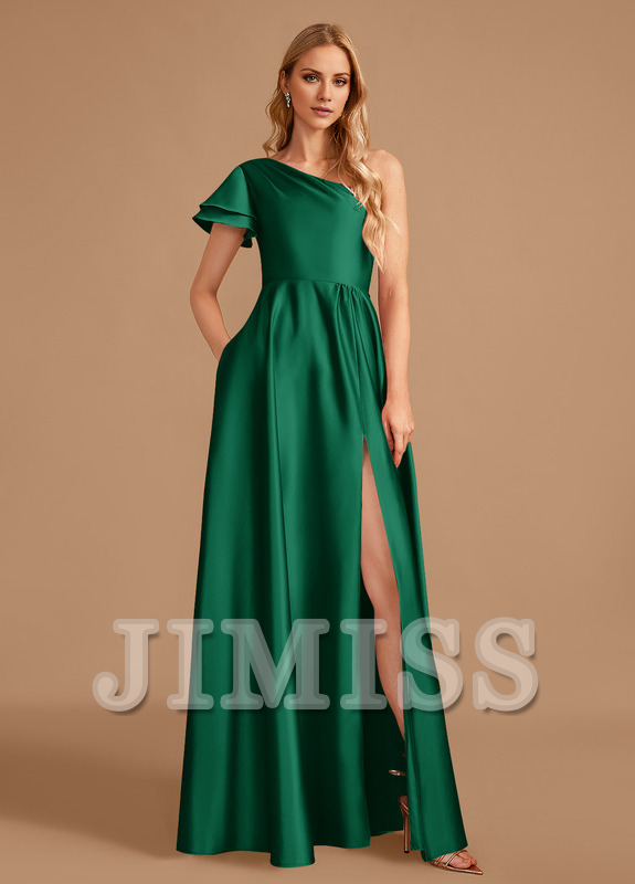 A-line one-shoulder floor-length satin bridesmaid dress