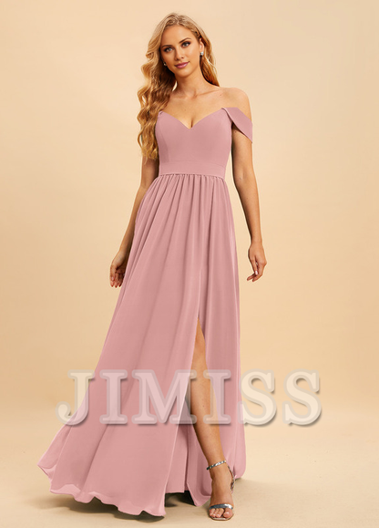 A-line off-the-shoulder floor-length chiffon bridesmaid dress