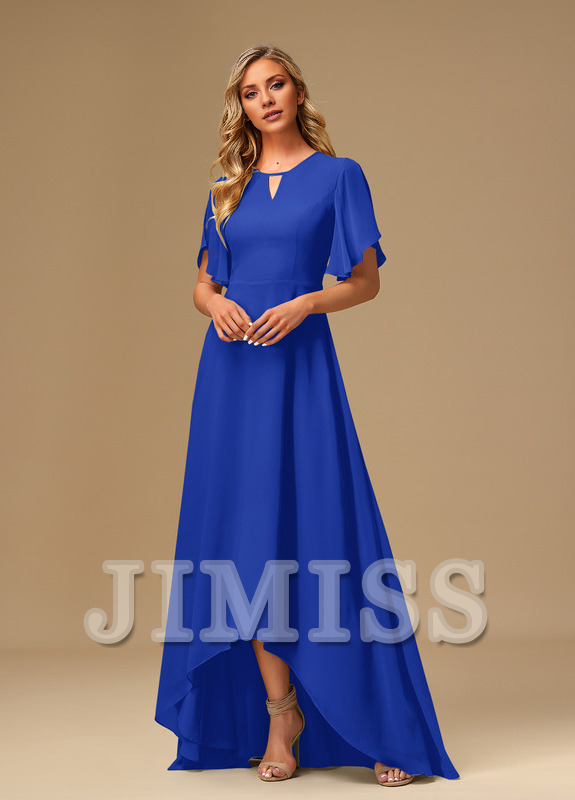 Ruffled A-line Boat Neck Asymmetric Chiffon Bridesmaids Dress