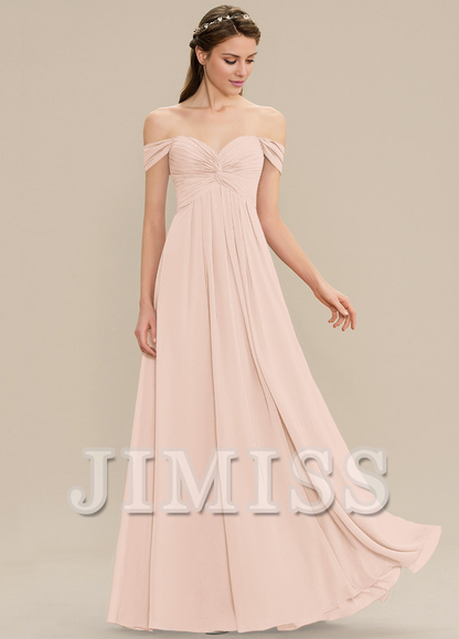 Ruffled A-line Off-the-shoulder Floor-length Chiffon Bridesmaids Dress