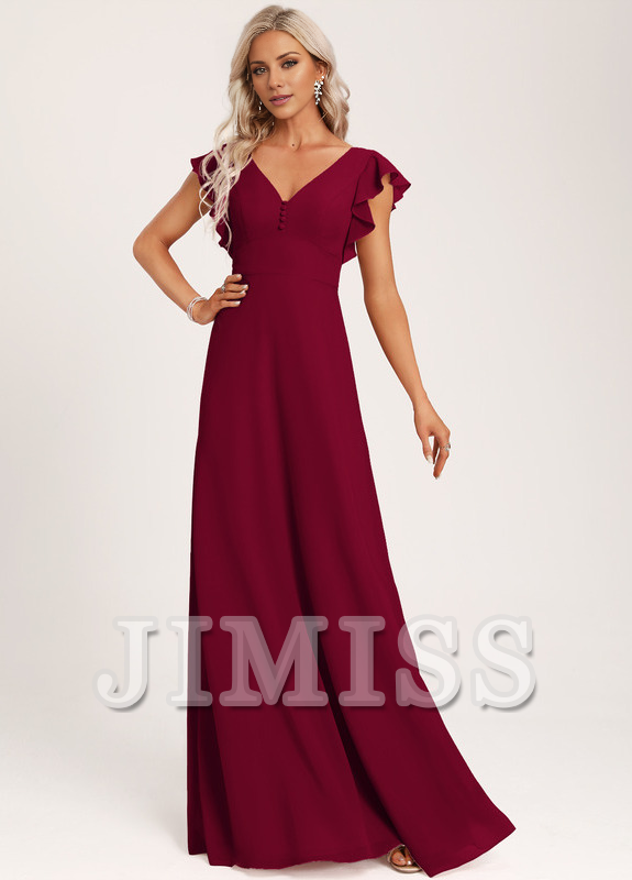 Ruffled A-line V-neck Floor-length Chiffon Bridesmaids Dress
