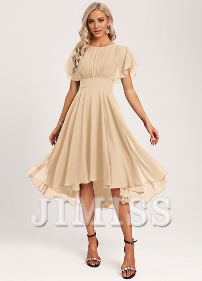 Ruffled A-line Spoon Asymmetric Chiffon Bridesmaids Dress