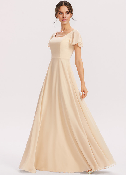 Tiered Ruffle A-Line Square Floor-Length Chiffon Bridesmaids Dress
