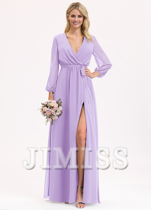 A-Line V-Neck Floor Length Chiffon Bow Pleated Bridesmaids Dress