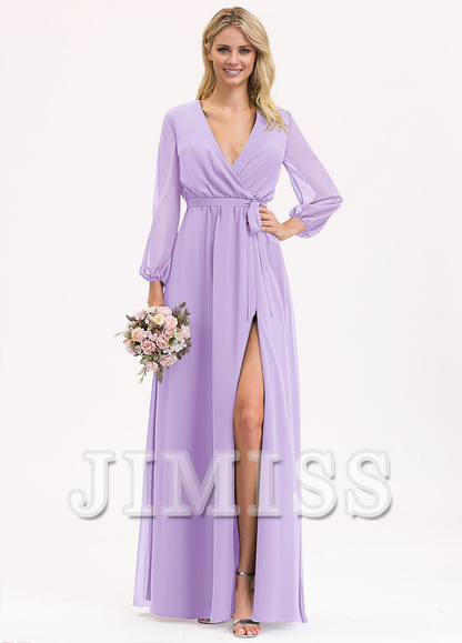 A-Line V-Neck Floor Length Chiffon Bow Pleated Bridesmaids Dress