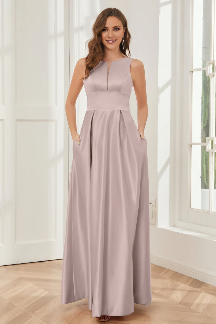 A-line sleeveless satin and floor length bridesmaid dress