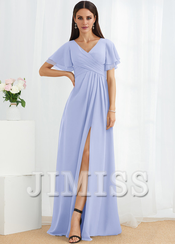A-line V-neck floor-length chiffon bridesmaid dress
