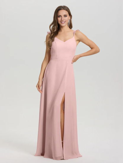 V-neck shoulder strap tied chiffon slit and floor length bridesmaid dress