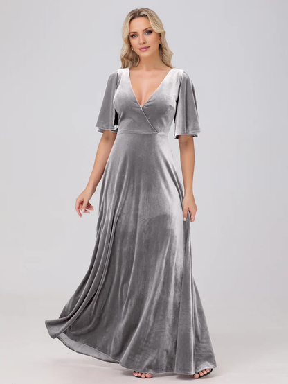 A-line V-neck short sleeved velvet and floor length bridesmaid dress