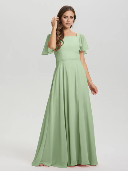 A-line square collar ruffled short sleeved and ground chiffon/ground length bridesmaid dress