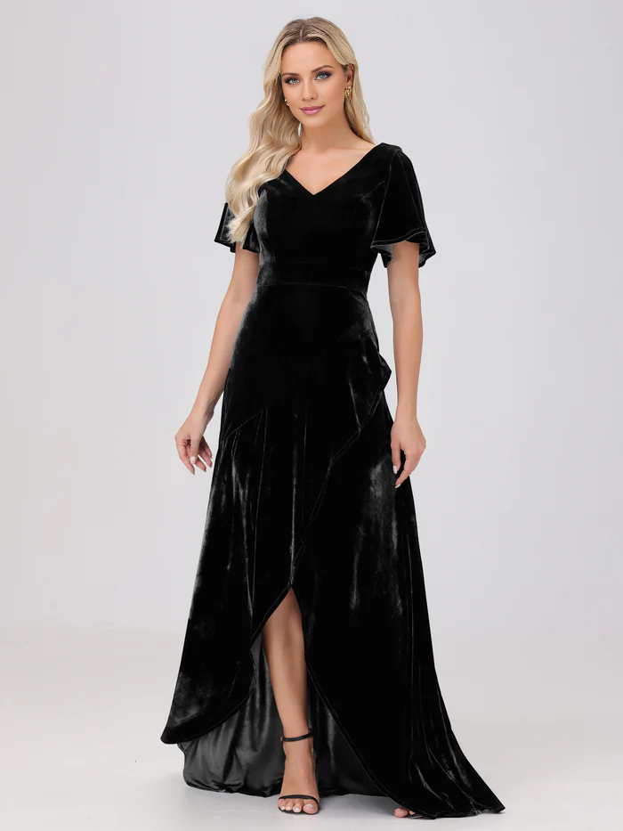 V-neck short sleeved ruffled velvet and floor length bridesmaid dress