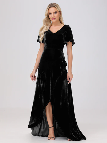 V-neck short sleeved ruffled velvet and floor length bridesmaid dress