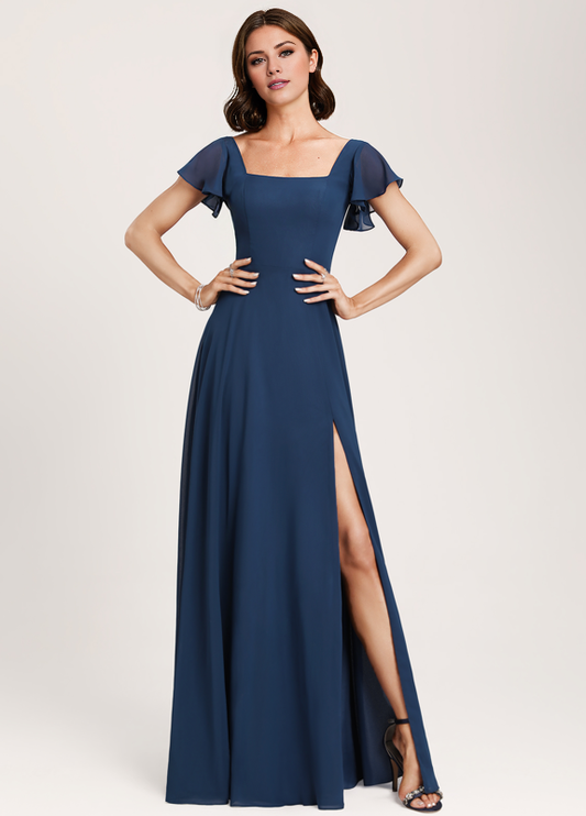 Ruffled A-Line Square Floor-Length Chiffon Bridesmaids Dress
