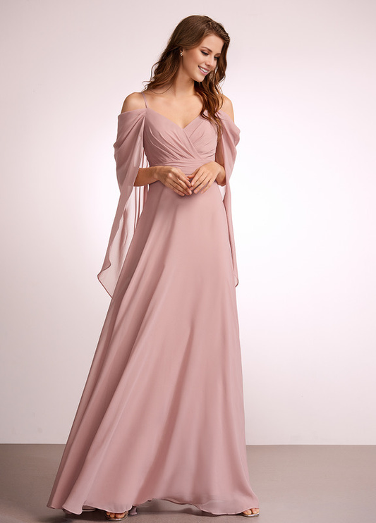 A-line off-shoulder floor-length chiffon bridesmaid dress
