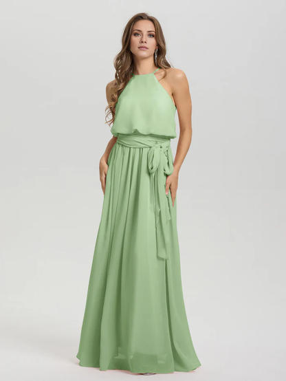 Hanging neck low round neck sleeveless chiffon and floor length Bridesmaid dresses
