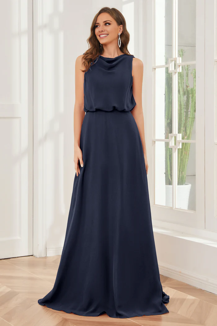 Pillar style wind neck sleeveless chiffon and floor length bridesmaid dress