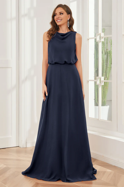 Pillar style wind neck sleeveless chiffon and floor length bridesmaid dress