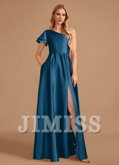 A-line one-shoulder floor-length satin bridesmaid dress